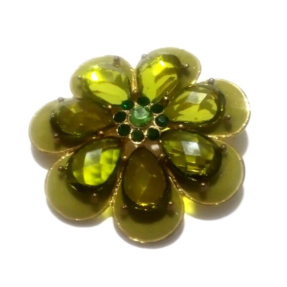 Gold Tone Green Enamel and Rhinestone Flower Brooch Pin - Picture 4 of 5